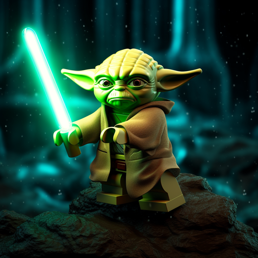 Yoda in Lego style wielding a green lightsaber in a fighting pose against a backdrop of lava.