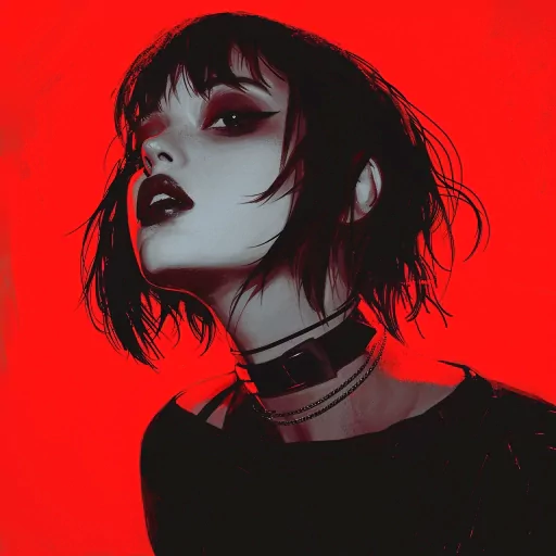 Emo style avatar with a red background featuring a person with dark hair and makeup.