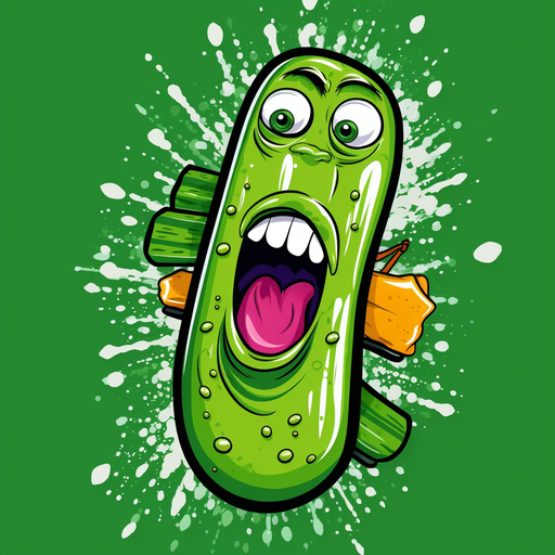 Pop art style illustration of a cool pickle with vibrant colors and a confident expression.