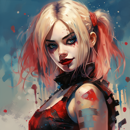 Harley Quinn with a mischievous smile and vibrant comic book artstyle.