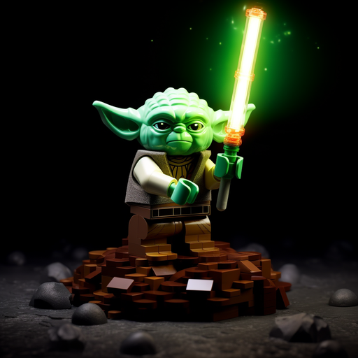 Yoda in mid-air, wielding a green lightsaber, battling against a fiery backdrop.