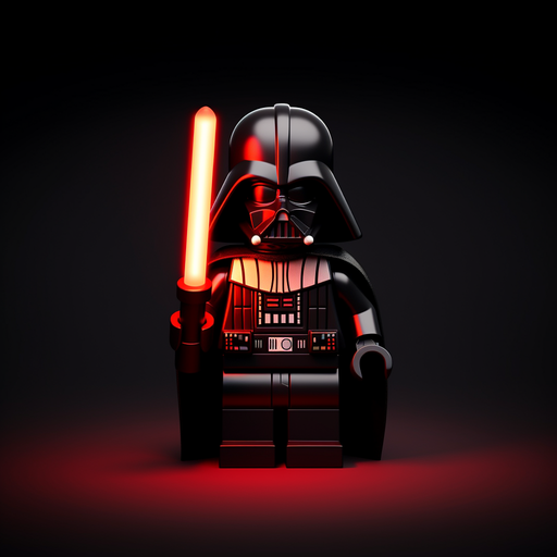 Darth Vader with red lightsaber in Lego style on a dark background, representing Star Wars.