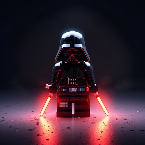 A Lego figure of Darth Vader holding a red lightsaber against a dark background, representing Star Wars.