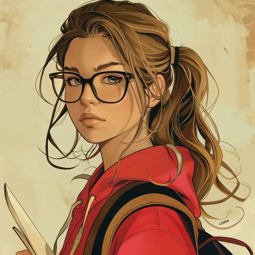 Illustrated preppy profile picture of a person with glasses holding a book, featuring warm tones and detailed artwork.