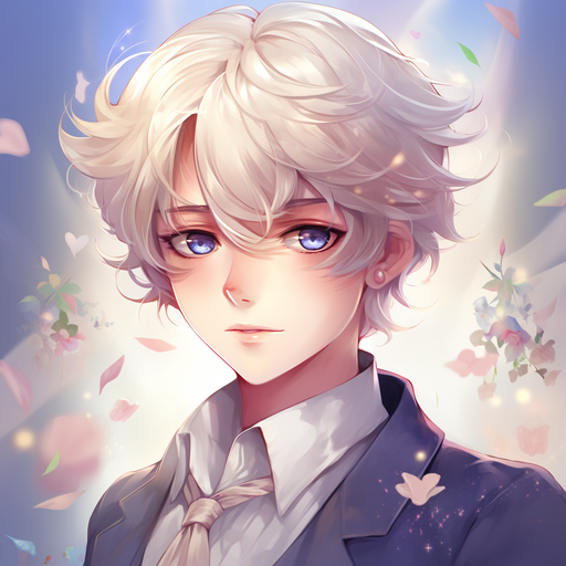Elegant anime boy with captivating blue eyes and stylish silver hair.