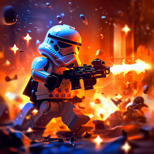 Lego Star Wars trooper firing blaster.