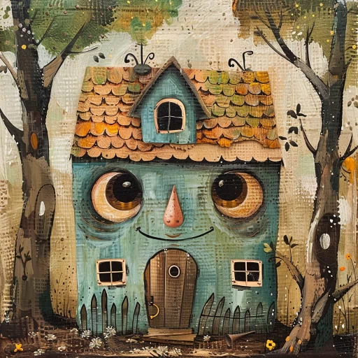 Whimsical illustrated house avatar with a face, featuring large eyes and a smile, set against an autumnal forest backdrop.