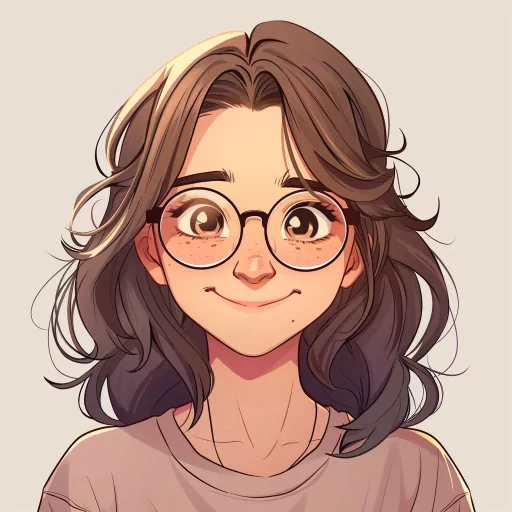 Cartoon avatar of a smiling person with glasses and shoulder-length hair for use as a profile picture.