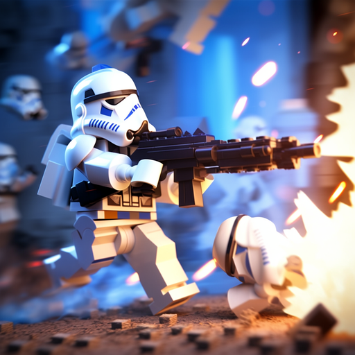 Lego Star Wars minifigure firing blaster.