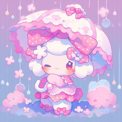 Cute pixel art of My Melody with a rainbow background.