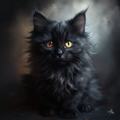 Fluffy black cat with piercing yellow eyes.