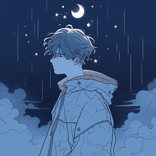 Lonely boy looking up at the starry night sky, lost in sadness and insomnia.