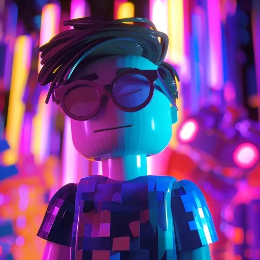 Stylish Roblox avatar with cool sunglasses and modern hair against a vibrant neon background, perfect for a Roblox profile picture.