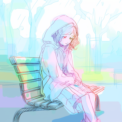 Colorful pencil sketch of a sad anime character sitting on a park bench.