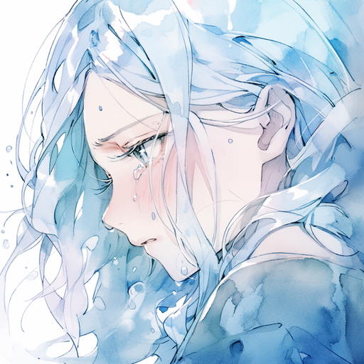 A melancholic watercolor-style anime profile picture featuring a tearful character.
