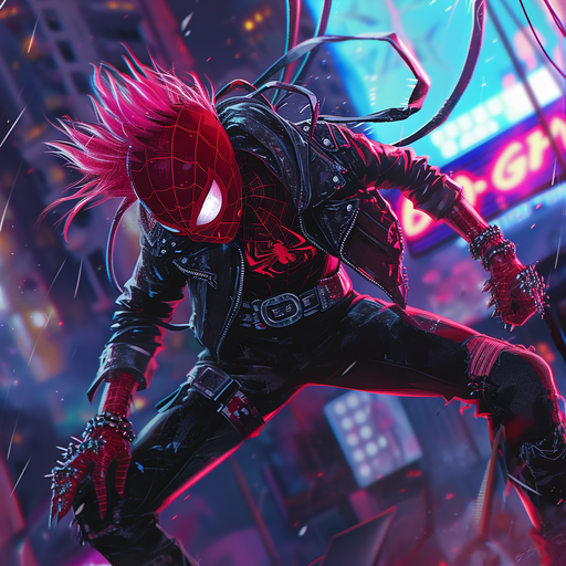 Rockstar-style Spider-Man in a punk outfit.