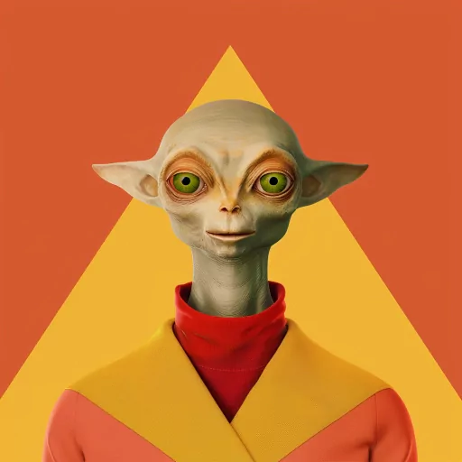 Alien avatar with large eyes and pointed ears against a triangle and orange background for a profile picture.