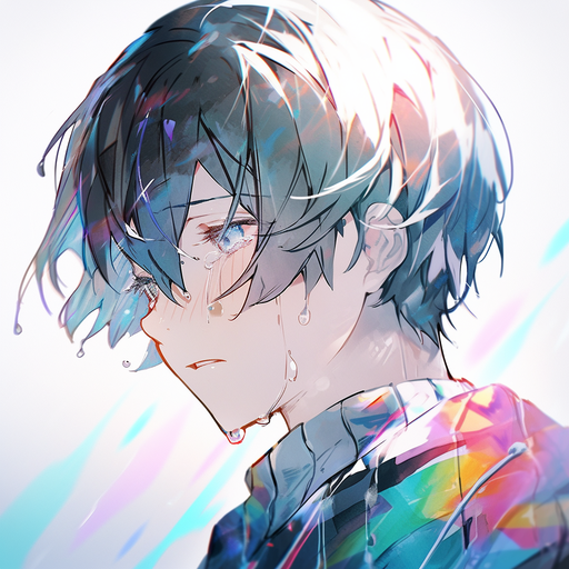 Sad anime boy with tear-filled eyes against a colorful watercolor backdrop.