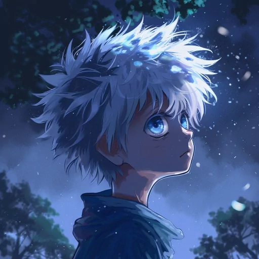 Anime avatar of a character with spiky white hair and blue eyes, gazing upward under a starry night sky, ideal for a Killua profile picture.