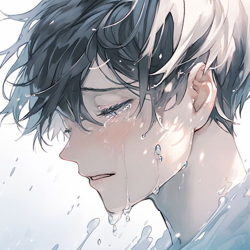 Sad anime boy with tears, watercolor style, on colorful background.