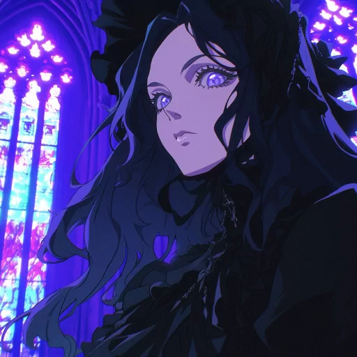 Gothic anime style avatar with a female character against a stained glass background for use as a profile picture.