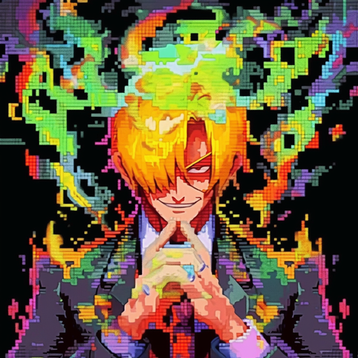 Sanji from One Piece anime in glass mosaic style with fiery effect.