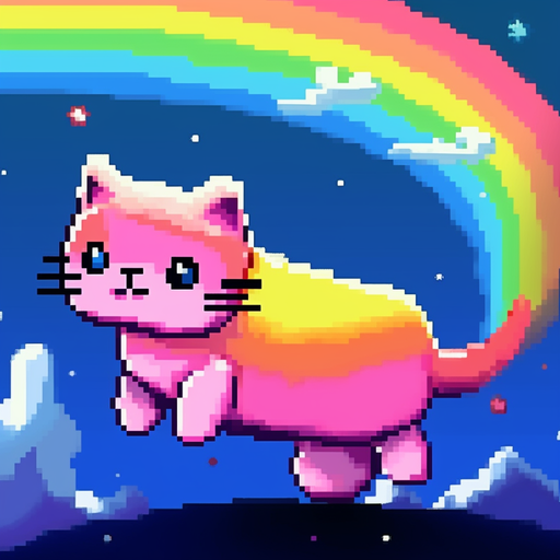 Colorful pixelated cat flying through space with rainbow trail.