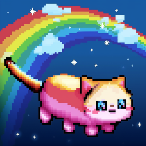 Colorful pixel art of Nyan Cat in motion.