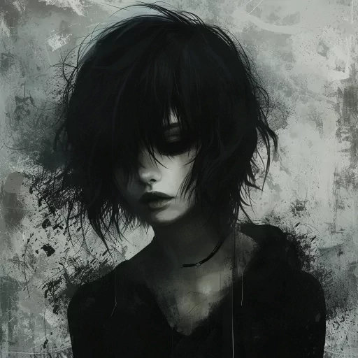 Emo-style avatar with dark disheveled hair covering eyes, against a grunge textured background for a profile picture.