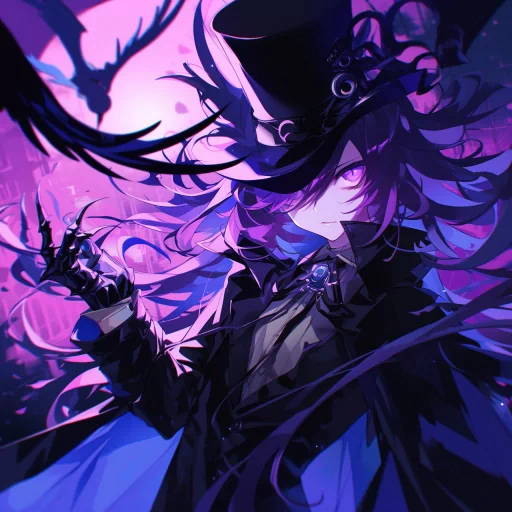 Gothic anime style avatar with a mysterious character wearing a top hat in a purple and blue color scheme.