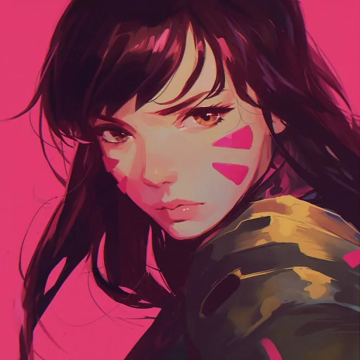 Stylized artistic Overwatch avatar with a female character against a vibrant pink background.