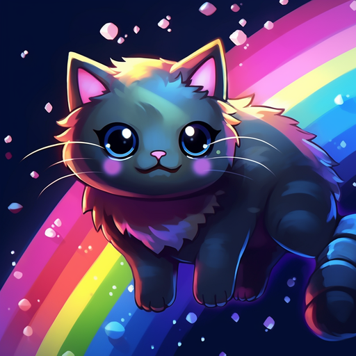 Colorful pixelated cat with a rainbow trail flying through space.