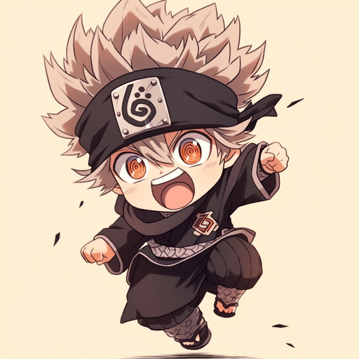 Asta in chibi style, with spiky hair and a black cloak, from the anime Black Clover.