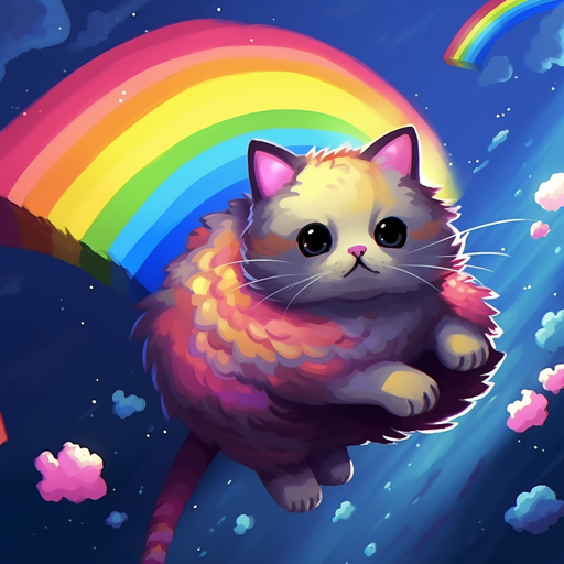 Nyan cat with a rainbow trail flying through space.