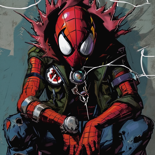 Spider Punk character with a red and blue mask, spiked jacket, and a guitar.