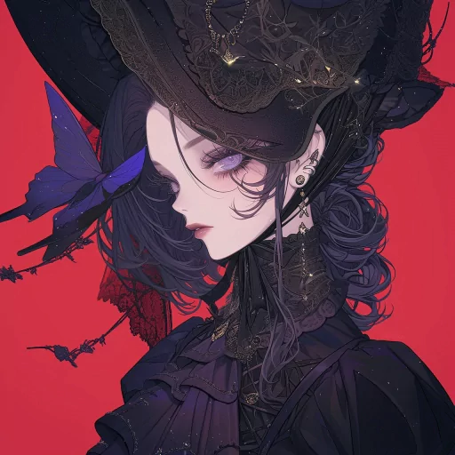 Gothic anime avatar featuring a female character with dark attire and a butterfly on a vibrant red background.