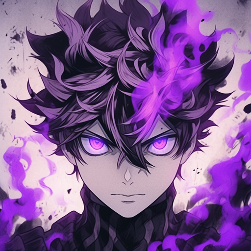 Confident anime boy with purple acid colors.