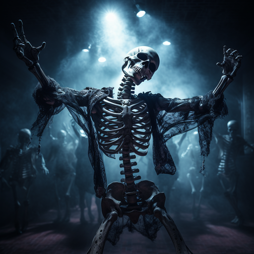 Dancing skeleton with a colorful background.