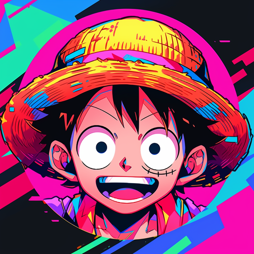 Colorful portrait of Luffy in a vaporwave style with neon lights illuminating his face.