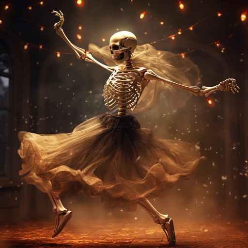 Dancing skeleton with dynamic movement and playful energy.