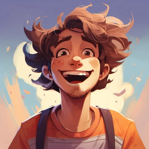 Smiling cartoon avatar with tousled hair and a sunny backdrop for profile photo.