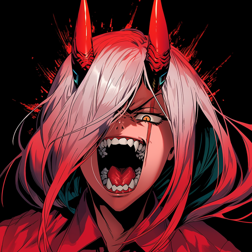 Anime-inspired artwork of a fierce female character with devil-like features, illuminated by studio lighting.