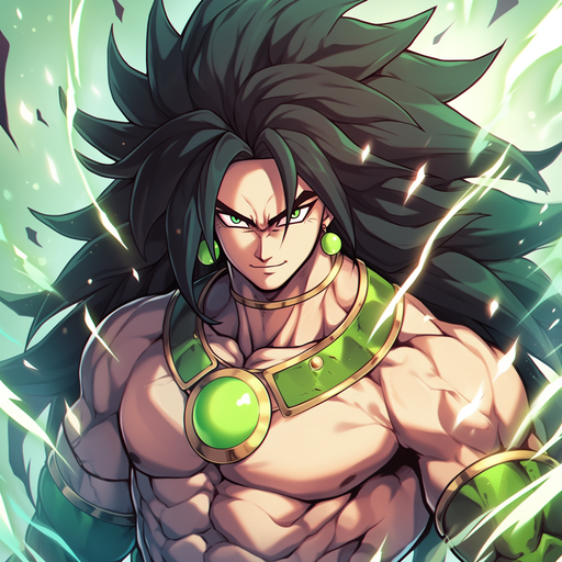 Broly, a powerful character from DragonBall, with a dynamic and intense expression.