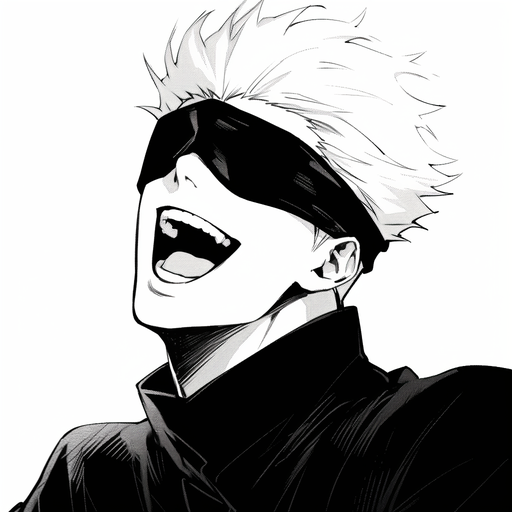Gojo from Jujutsu Kaisen manga, laughing with black and white manga style.