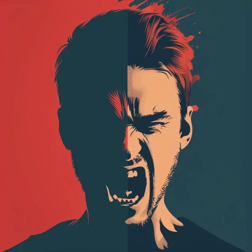 Angry male avatar with a red and blue color scheme for profile picture use.