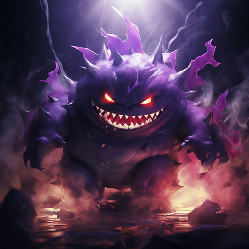 Gengar posing in a ghostly photoshoot.