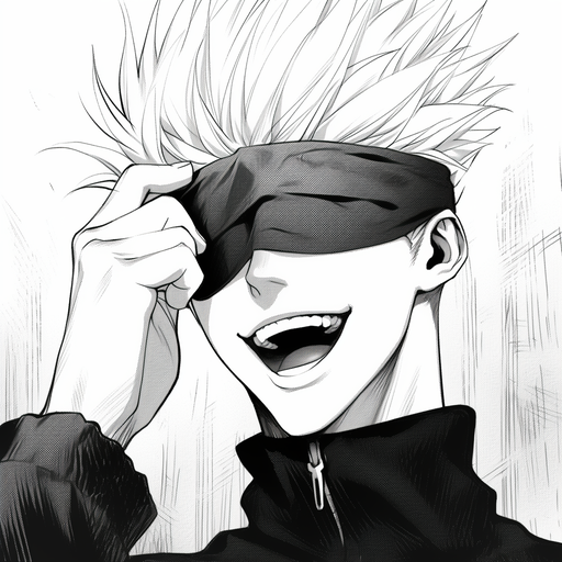 Smiling satoru gojo in black and white manga style, from jujutsu kaisen.
