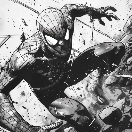 Dynamic Spiderman avatar in black and white showcasing the superhero in an action pose, perfect for a profile picture or fan account.