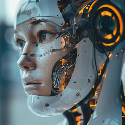 Close-up of a humanoid robot with intricate mechanical details and a lifelike face, representing artificial intelligence.