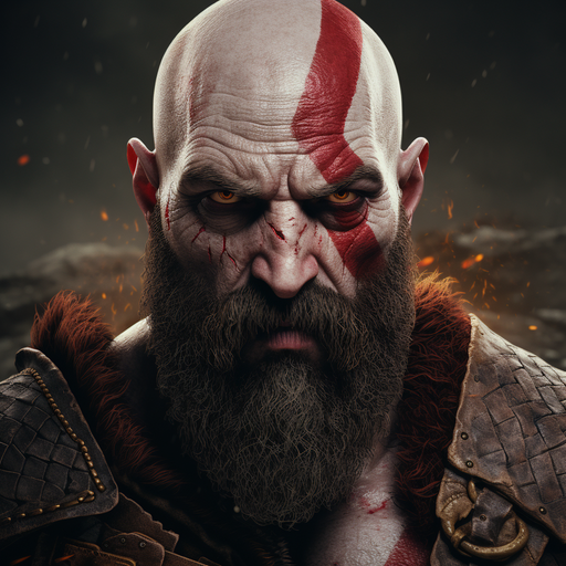 Kratos, the protagonist of God of War video game, stands with fierce determination.